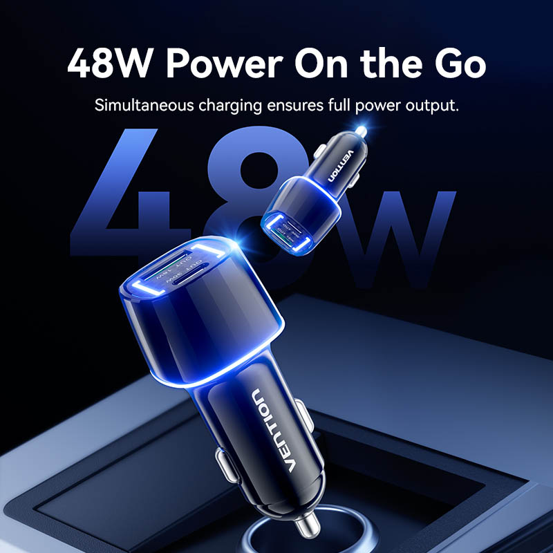 Vention Charger Car 48W 1xUSBC 1xUSBA 30W Max Black FFRB0 - Image 3