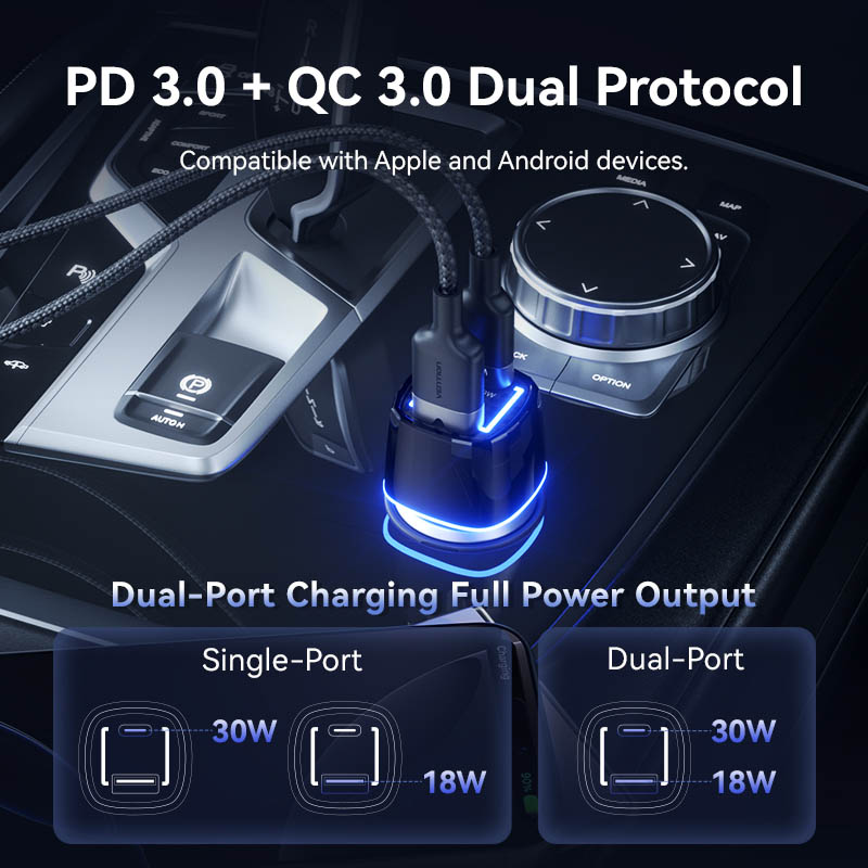 Vention Charger Car 48W 1xUSBC 1xUSBA 30W Max Black FFRB0 - Image 5