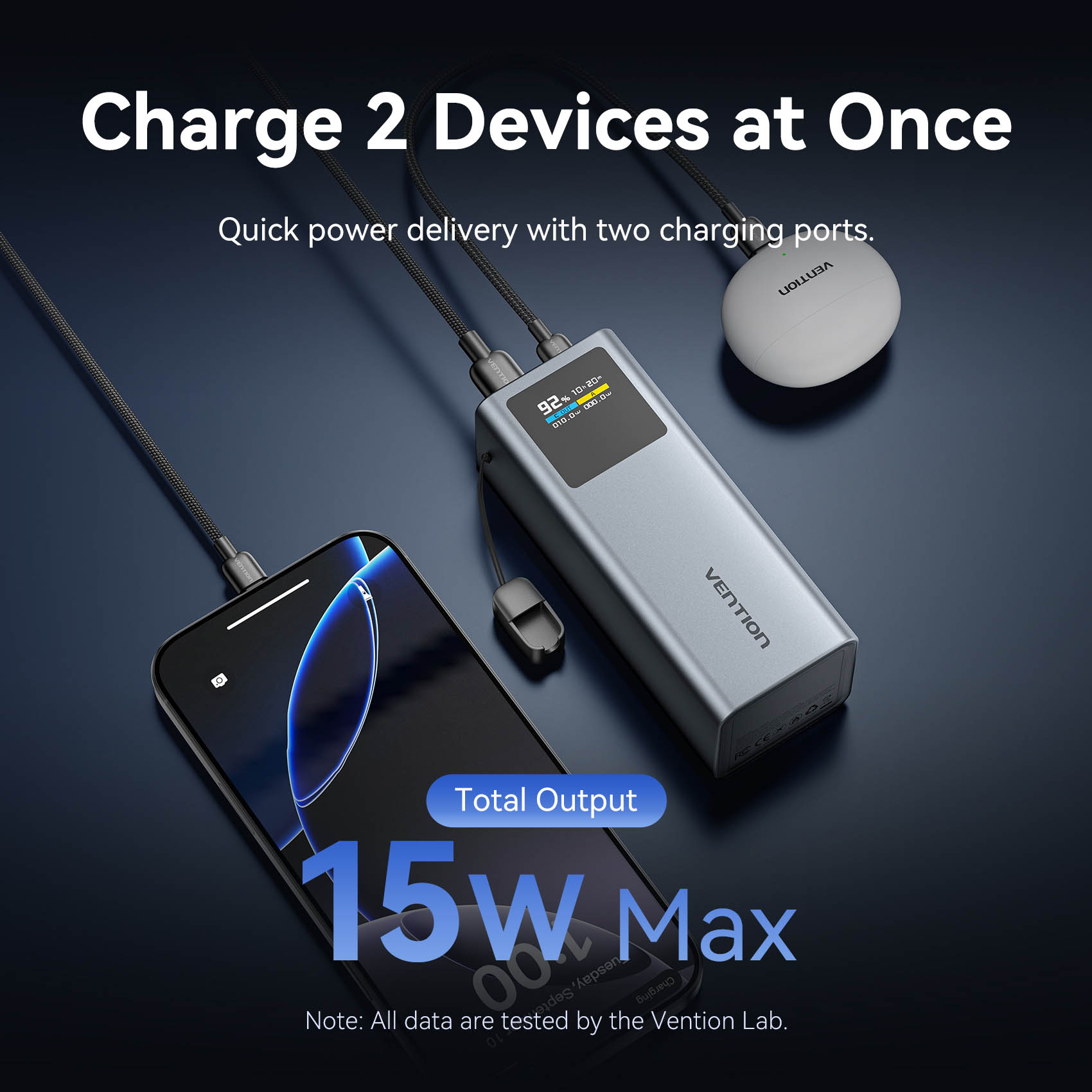 Vention MA Powerbank 20000mAh 100W 2xUSB-C 1xUSB-A TFT Display +100W Cable FKCH0 - Image 10