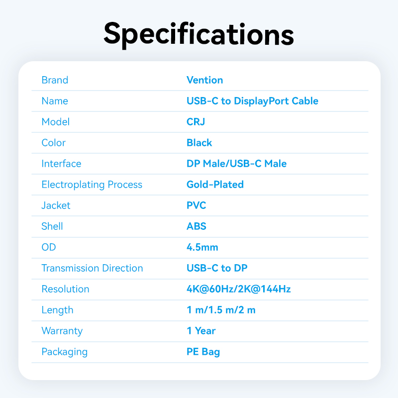 Vention Converter USB-C to DisplayPort Cable 4K60Hz 2.0m CRJBH - Image 8