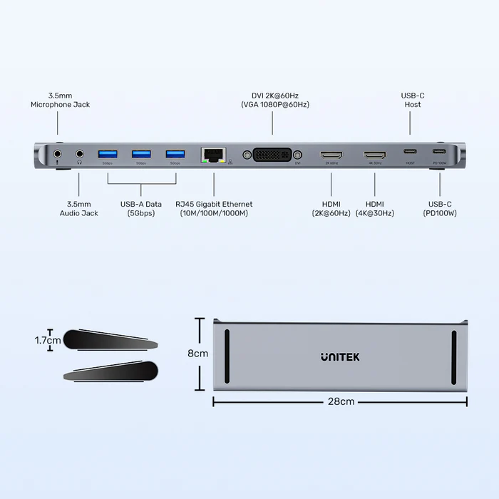 Unitek USB-C Hub Docking Station 11in1 USB3.0 2xHDMI/1xDVI/Gb Lan/Audio/PD100W D1147A - Image 10