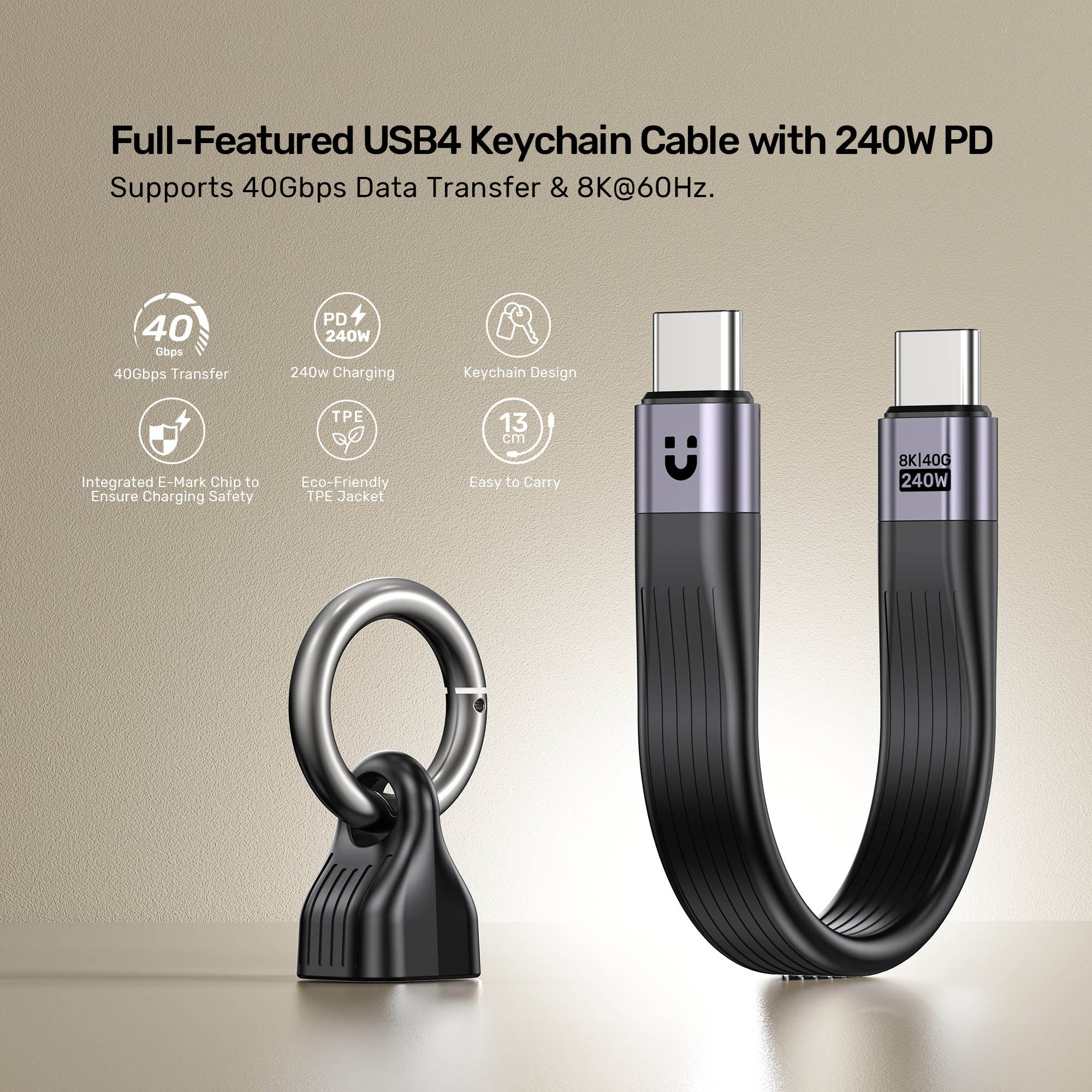 Unitek UC USB-C 4.0 M-M Cable & Keychain 0.13m 240W+40G+8K C14179A-0.13M - Image 10