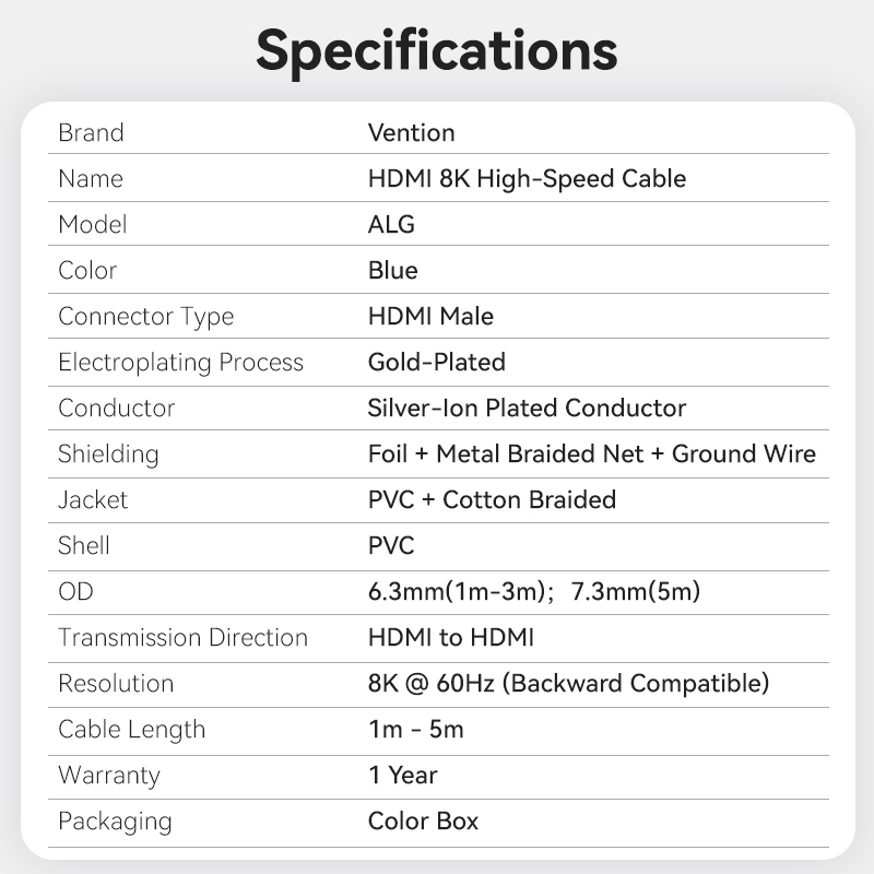 Vention HDMI Cable 2.1 8K60Hz Braided 2.0m Aluminium Blue ALGLH - Image 12