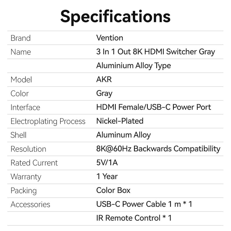 Vention HDMI Switch 3-Port 8K 2.1 w/Remote Control AKRH0 - Image 16