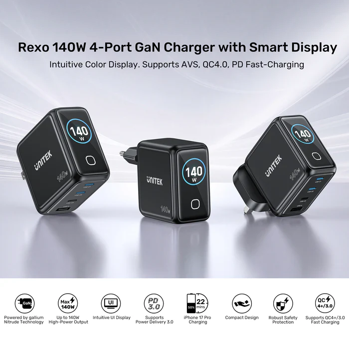 Unitek Charge Wall GaN 140W USBCx3 USBAx1 UK P1132 Black - Image 13