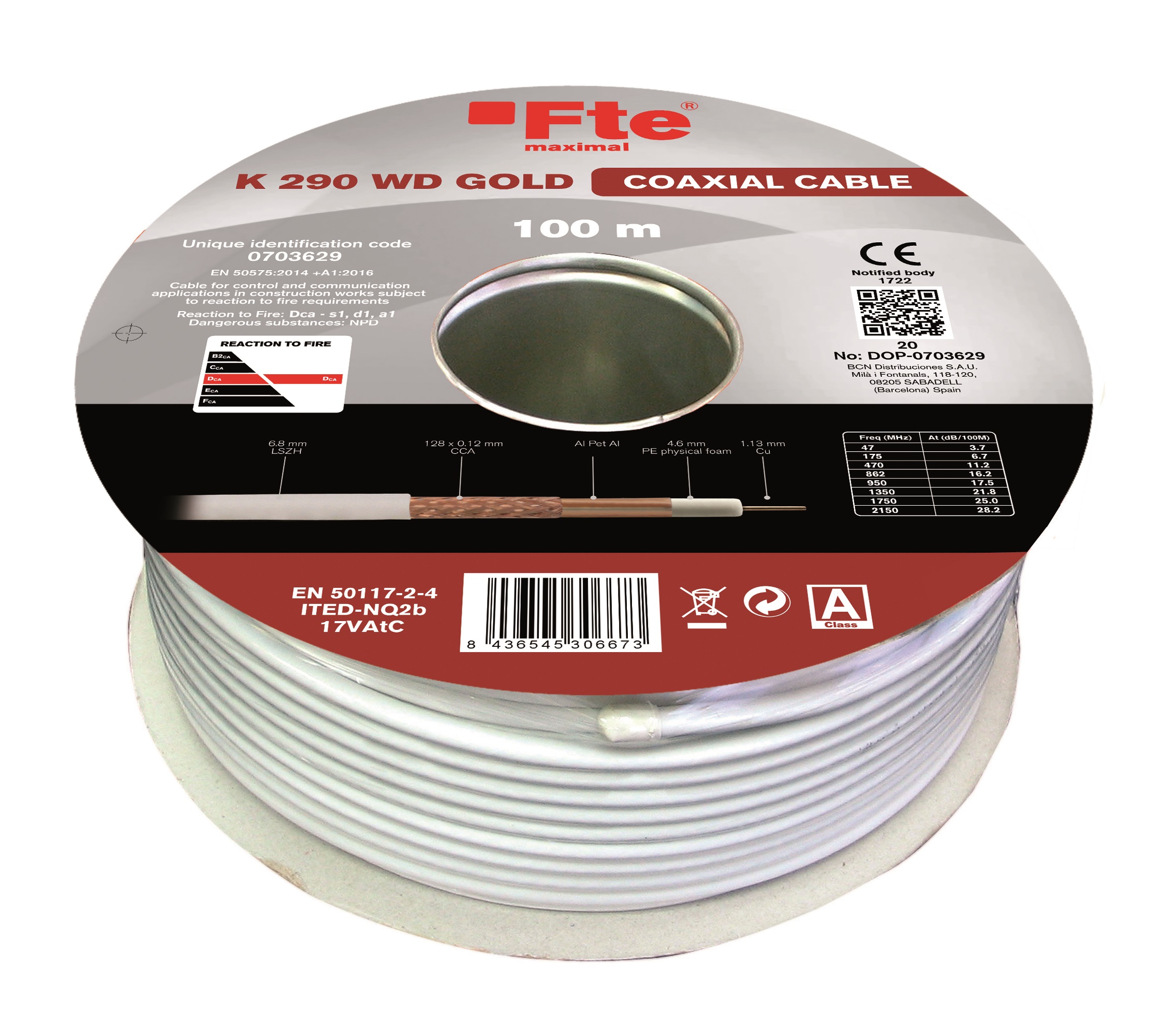 FTE K290WD Gold Coaxial Cable RG6 LSZH CU CPR-Dca (REPLACES K300W)