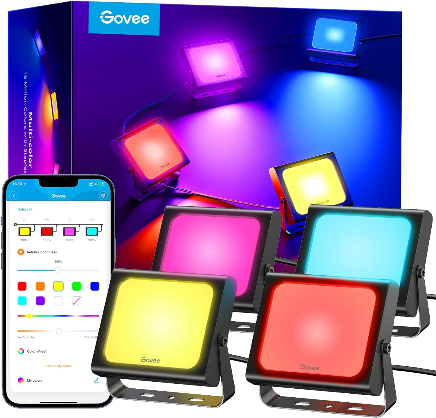 Govee Outdoor LED RGBICWW Smart Flood Lights (4pack) H7060