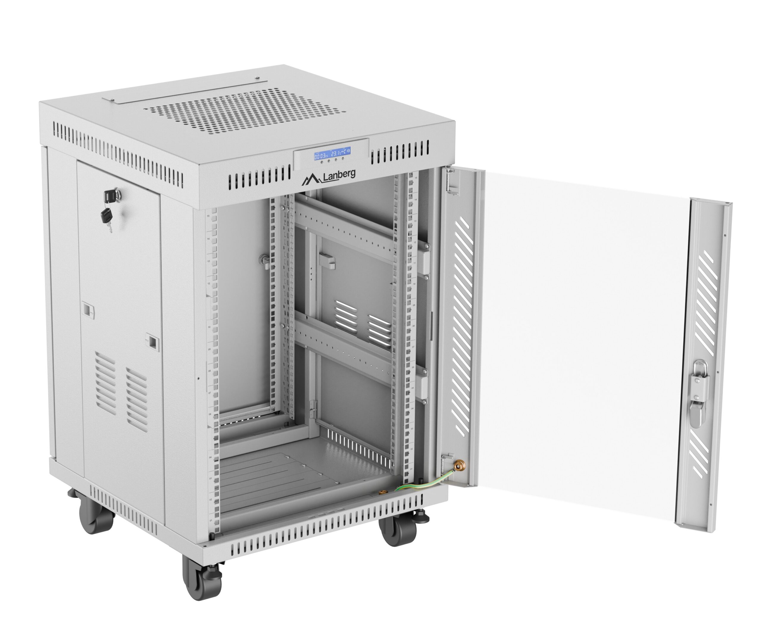 Lanberg Free Standing Cabinet 19'' with Glass Door 15U 60cm Ventilation Panel with LCD
