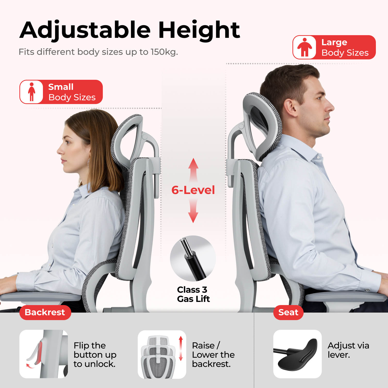 Lumivida Office Chair Ergonomic Mesh Lumbar Support Adjustable Seat/Armrest CH10-26 Grey - Image 2