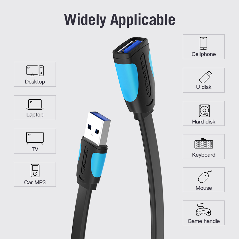 Vention IT Cable USB-A 3.0 M-F Extension Flat 0.5m Black VAS-A13-B050 - Image 3