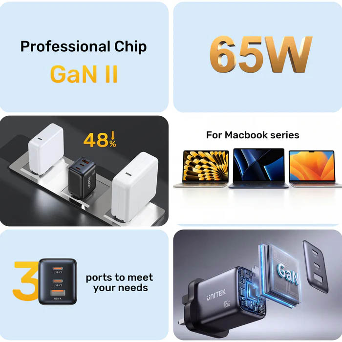 Unitek Charge Wall GaN 65W USBCx2 USBAx1 UK P1130 Black - Image 2