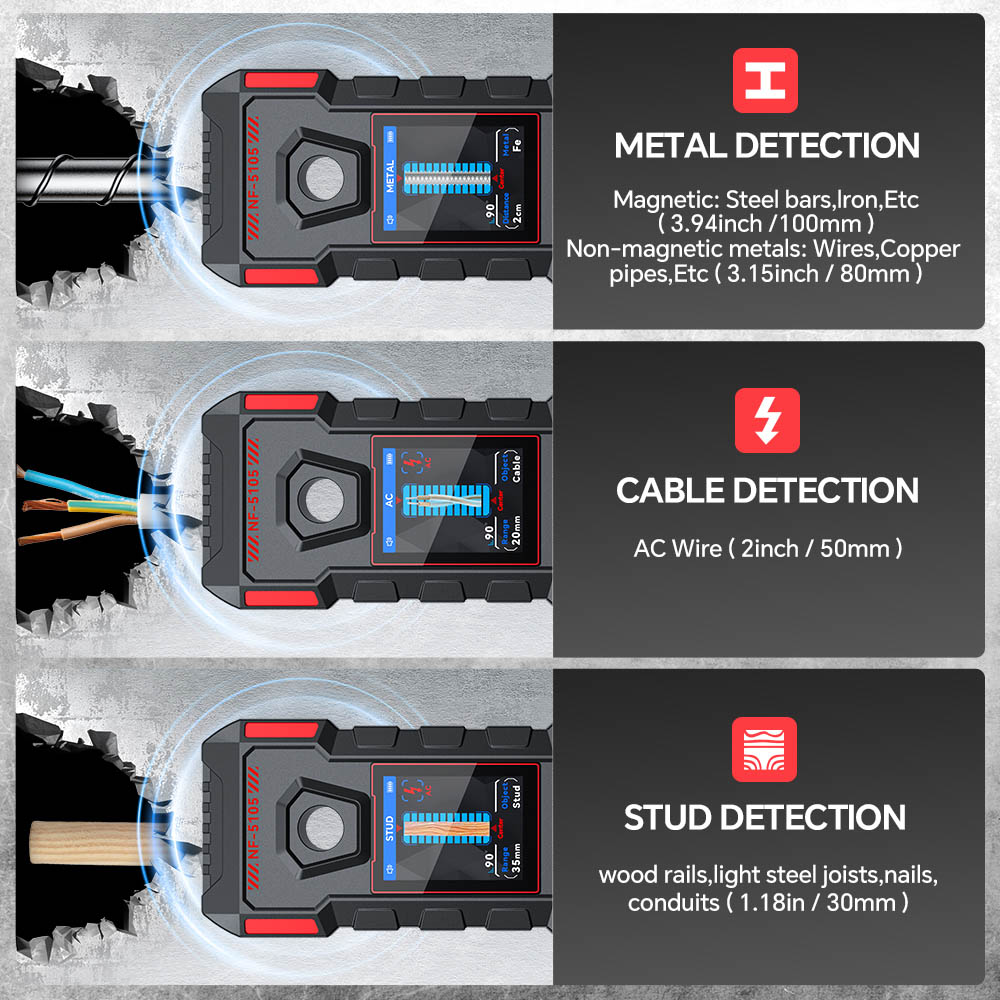 Noyafa Wall Detector-High Sensitivity, Safety Drilling, Support Various Material Detection NF-5105 - Image 3
