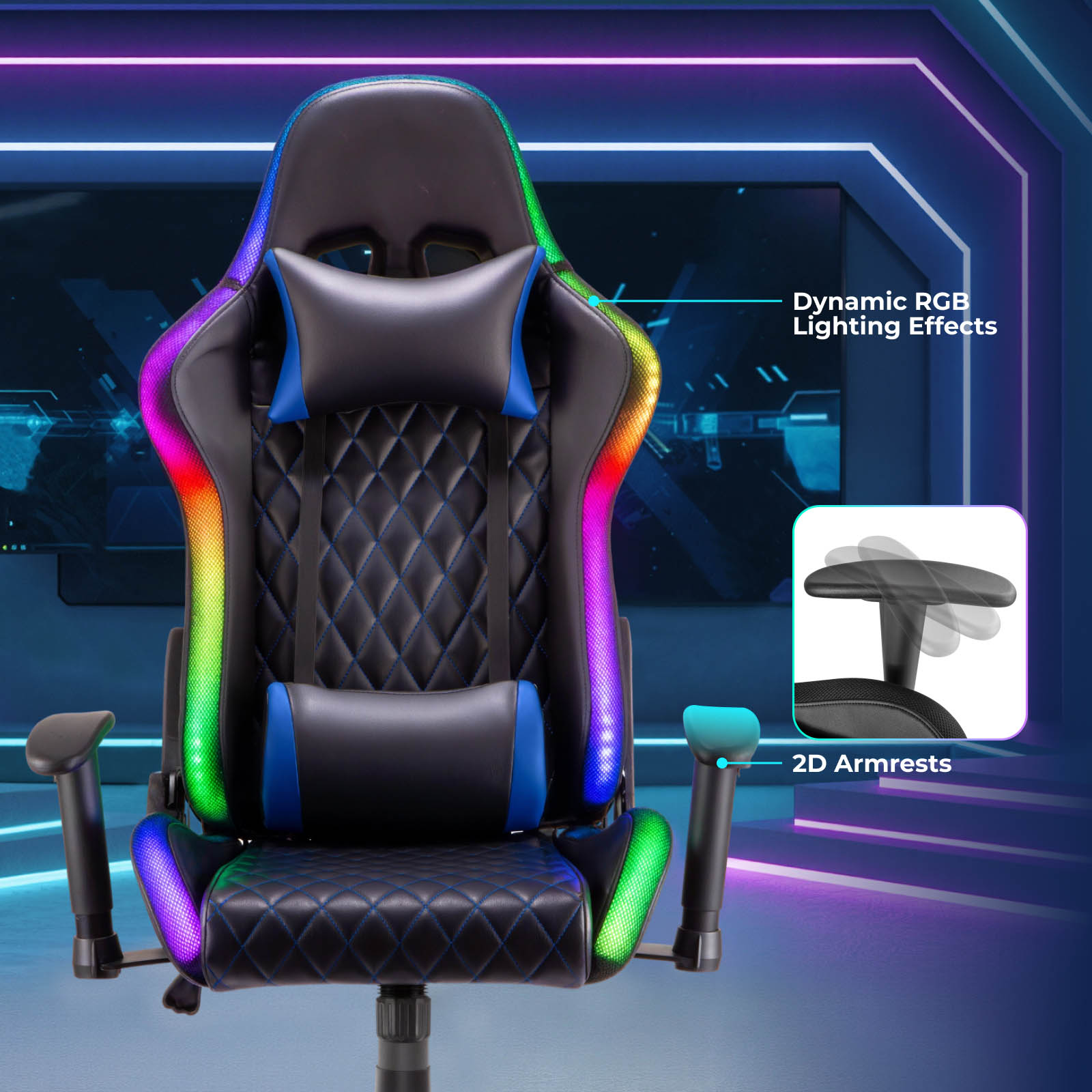 Lumivida Gaming Chair with Headrest, Lumbar Support & RGB Lights CH06-30 Black - Image 3