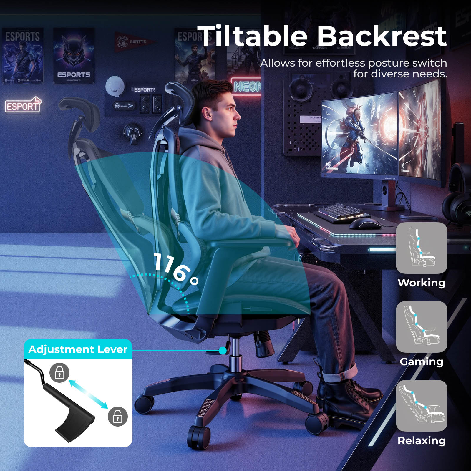 Lumivida Gaming/Office Chair Ergonomic Mesh Lumbar Support Adjustable Seat/Armrest CH09-8 Black - Image 3