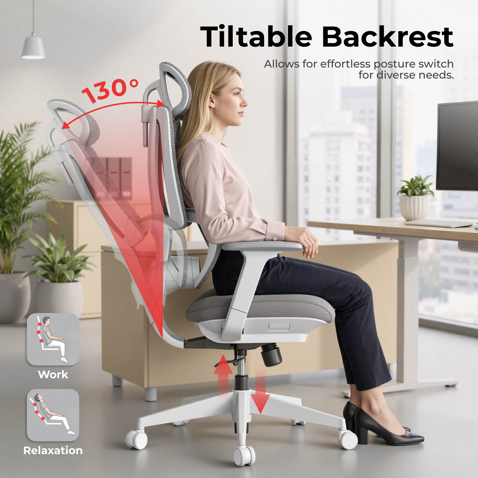 Lumivida Office Chair Ergonomic Mesh Lumbar Support Adjustable Seat/Armrest CH10-26 Grey - Image 3