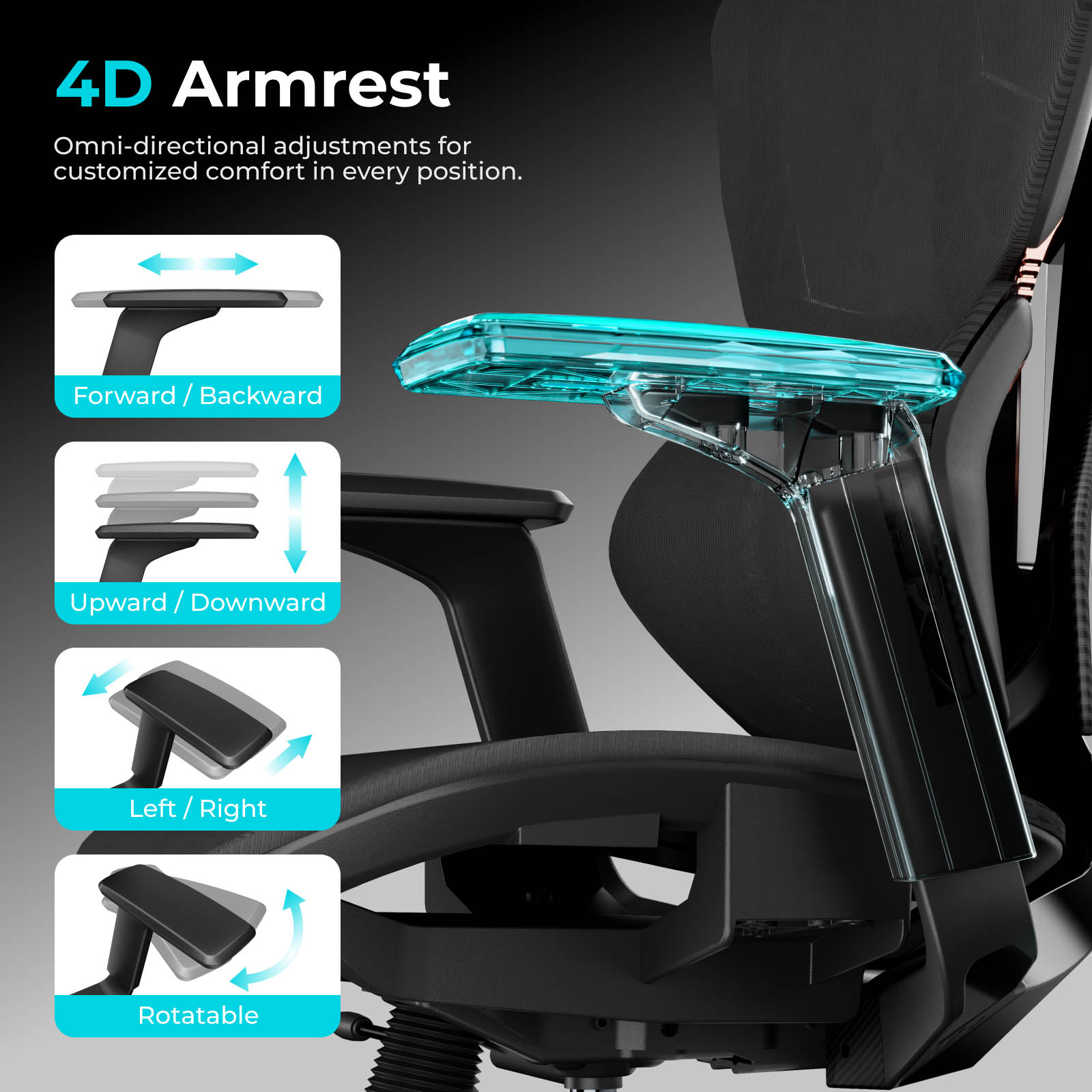 Lumivida Gaming/Office Chair Ergonomic Mesh Lumbar Support Adjustable Seat/Armrest CH09-8 Black - Image 4