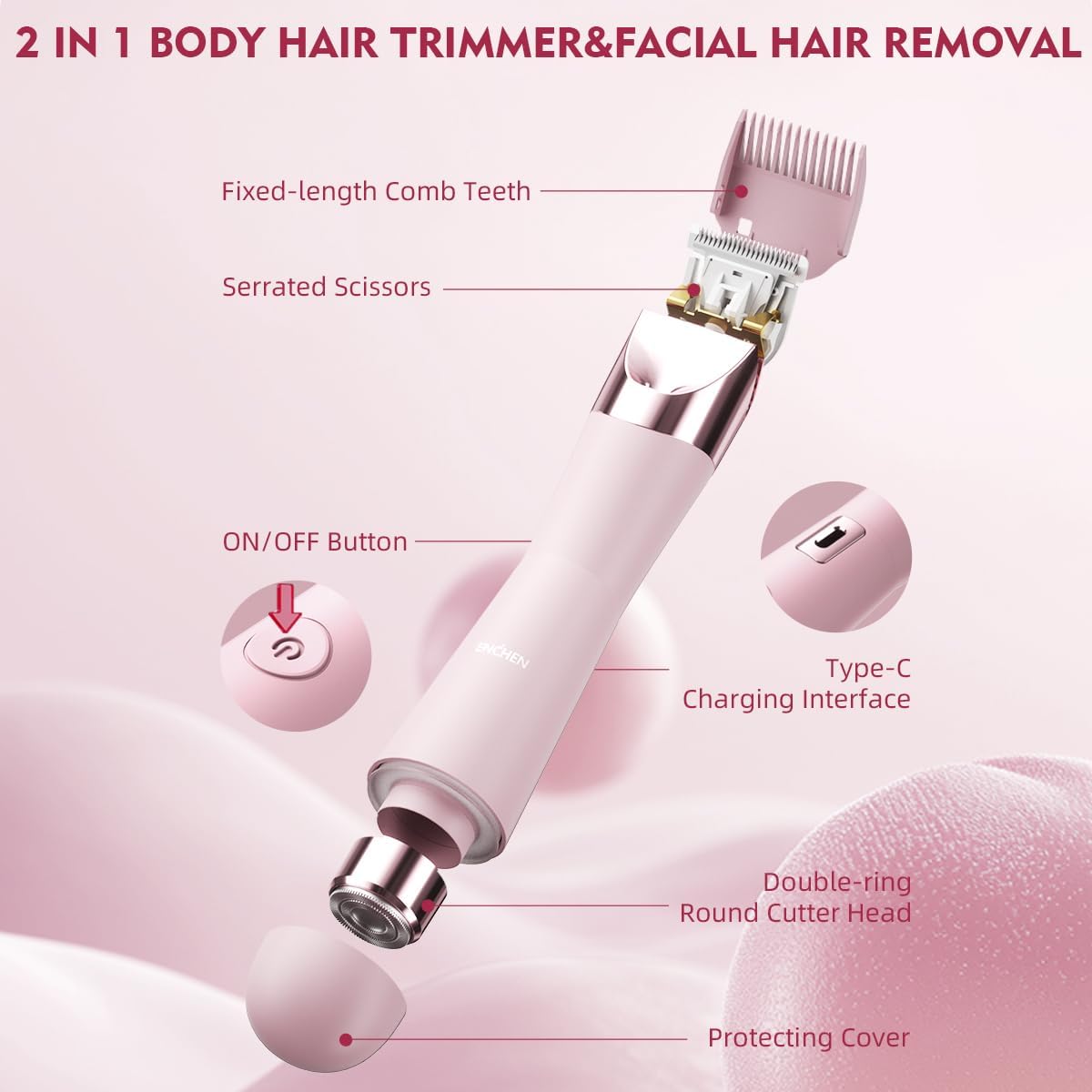 Enchen Body Hair Trimmer A4 USB-C 400mAh Pink - Image 6