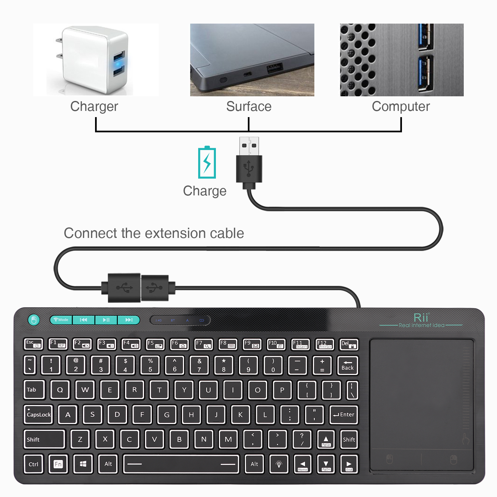 Rii Mini Keyboard Wireless 2.4GHz & Bluetooth with Large Touchpad & Media Keys RGB K18S - Image 8
