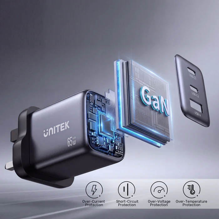 Unitek Charge Wall GaN 65W USBCx2 USBAx1 UK P1130 Black - Image 6