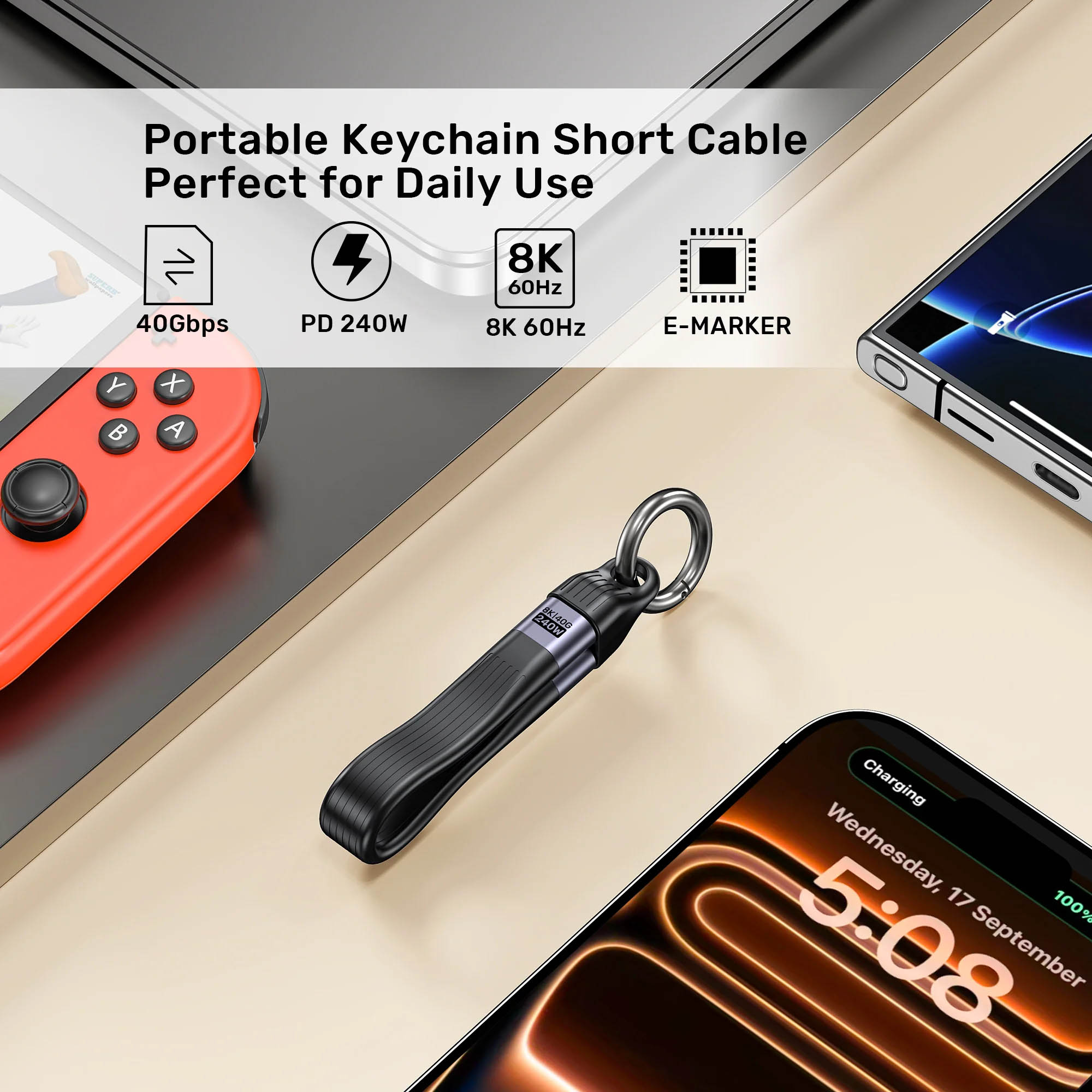 Unitek UC USB-C 4.0 M-M Cable & Keychain 0.13m 240W+40G+8K C14179A-0.13M - Image 7