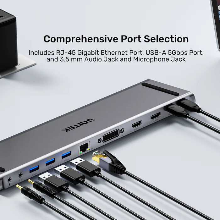 Unitek USB-C Hub Docking Station 11in1 USB3.0 2xHDMI/1xDVI/Gb Lan/Audio/PD100W D1147A - Image 8