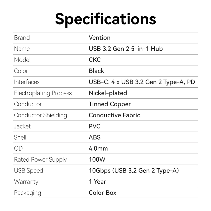 Vention IT HUB USB-C 3.2 4xA + PD100W USB-C Port CKCBB - Image 9