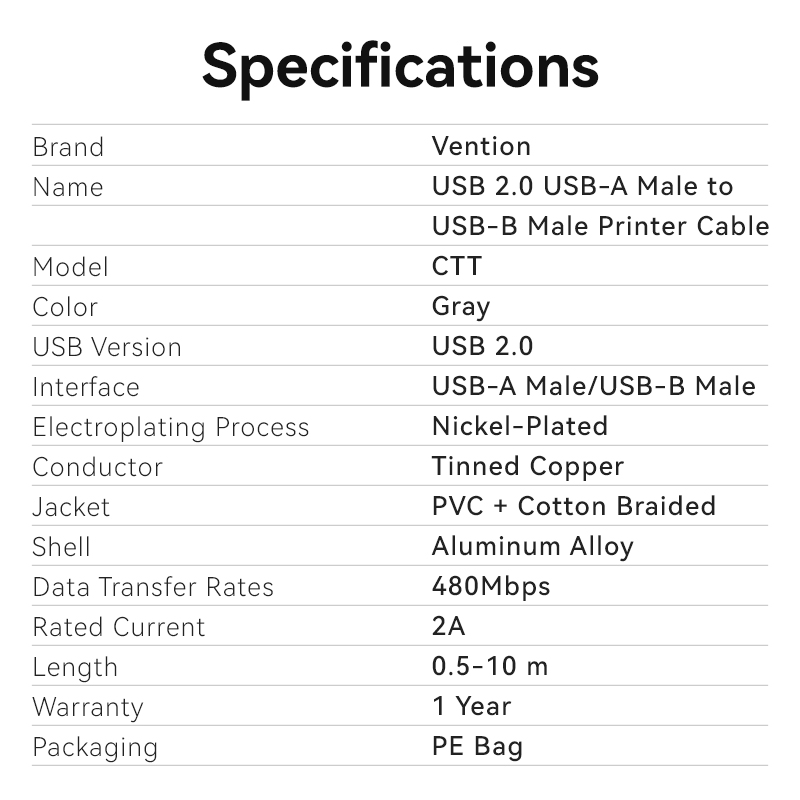 Vention IT Cable USB-A 2.0 to USB-B Printer Braided 10.0m Aluminium Grey CTTHL - Image 9