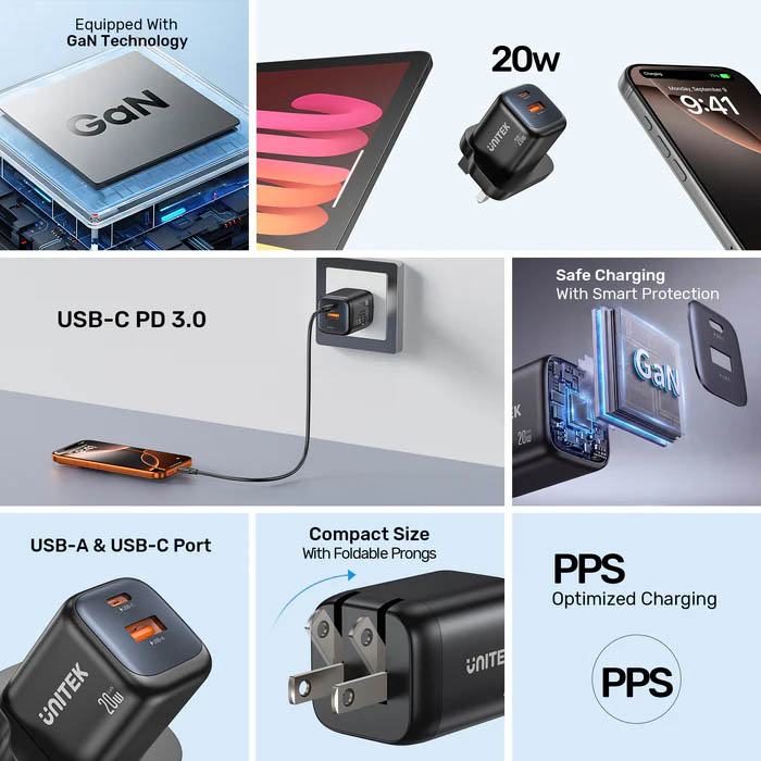 Unitek Charge Wall GaN 20W USBCx1 & USBAx1 UK P1128 Black - Image 9