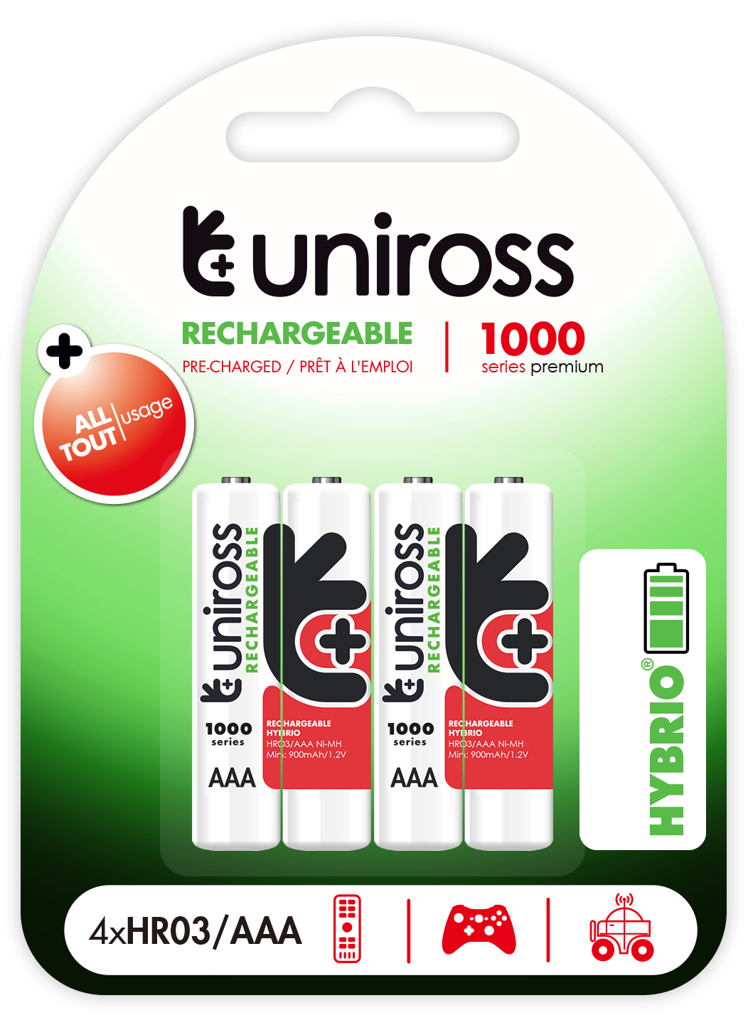 Uniross AAA 1000 Hybrio Rechargable Batteries 4Pcs