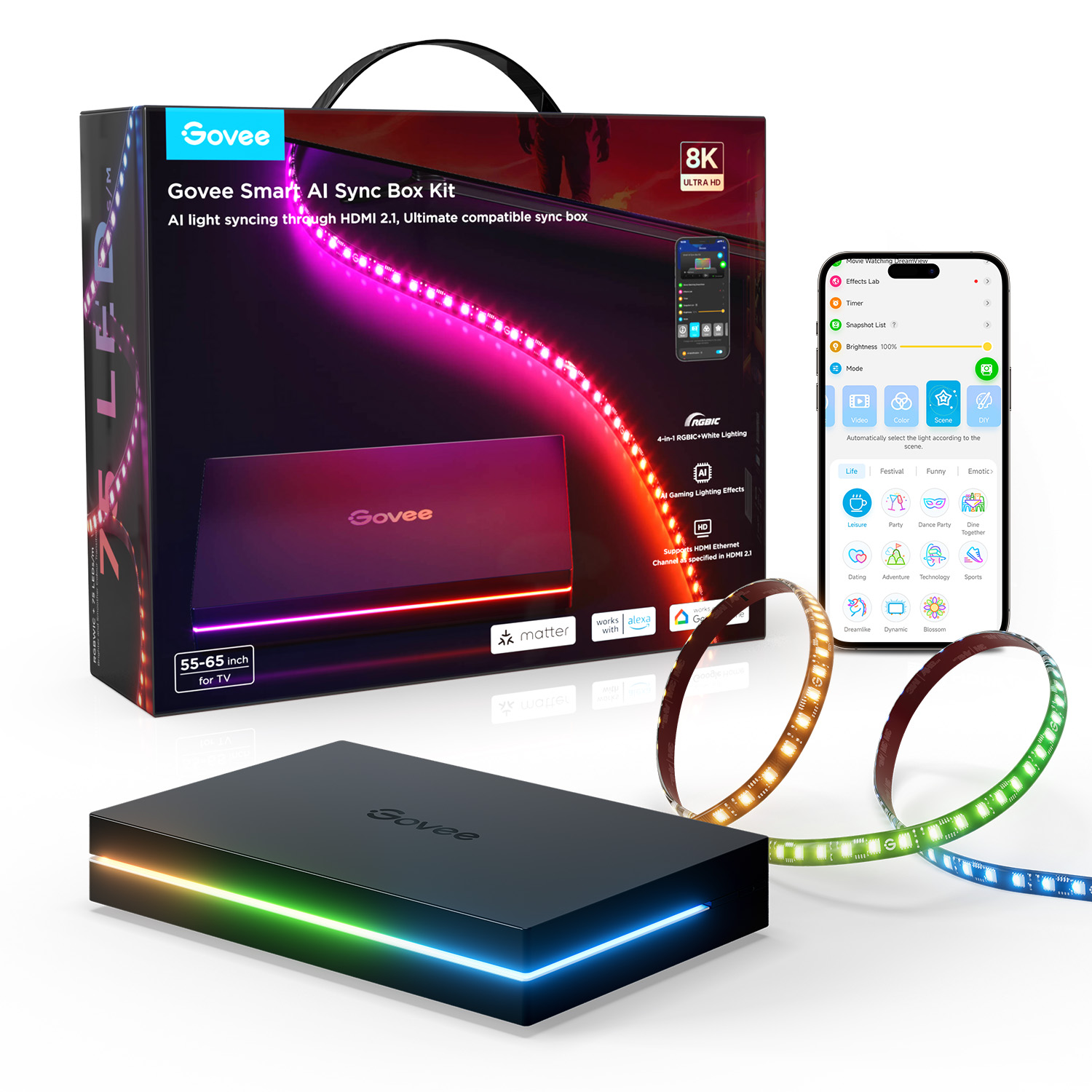 Govee TV AI Sync Box w/Strip Light for 55-65" Max 8K 240HZ (Matter) H8604