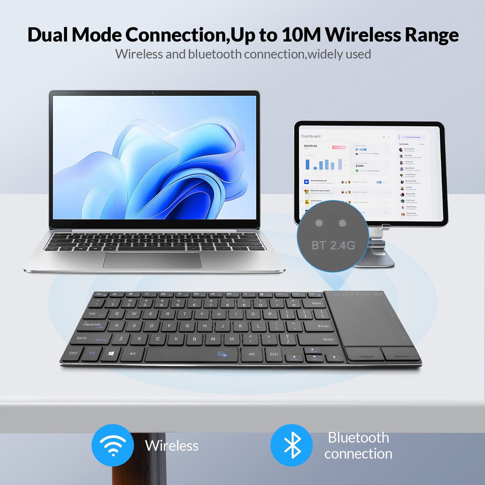 Rii Mini Keyboard Wireless 2.4GHz & Bluetooth with Large Touchpad & Media Keys Stainless Steel K22BT - Image 3