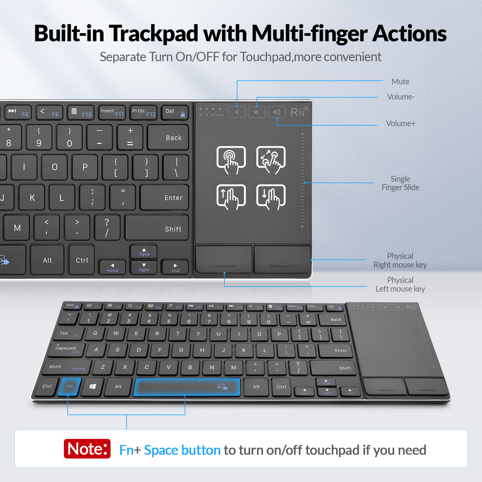 Rii Mini Keyboard Wireless 2.4GHz & Bluetooth with Large Touchpad & Media Keys Stainless Steel K22BT - Image 4