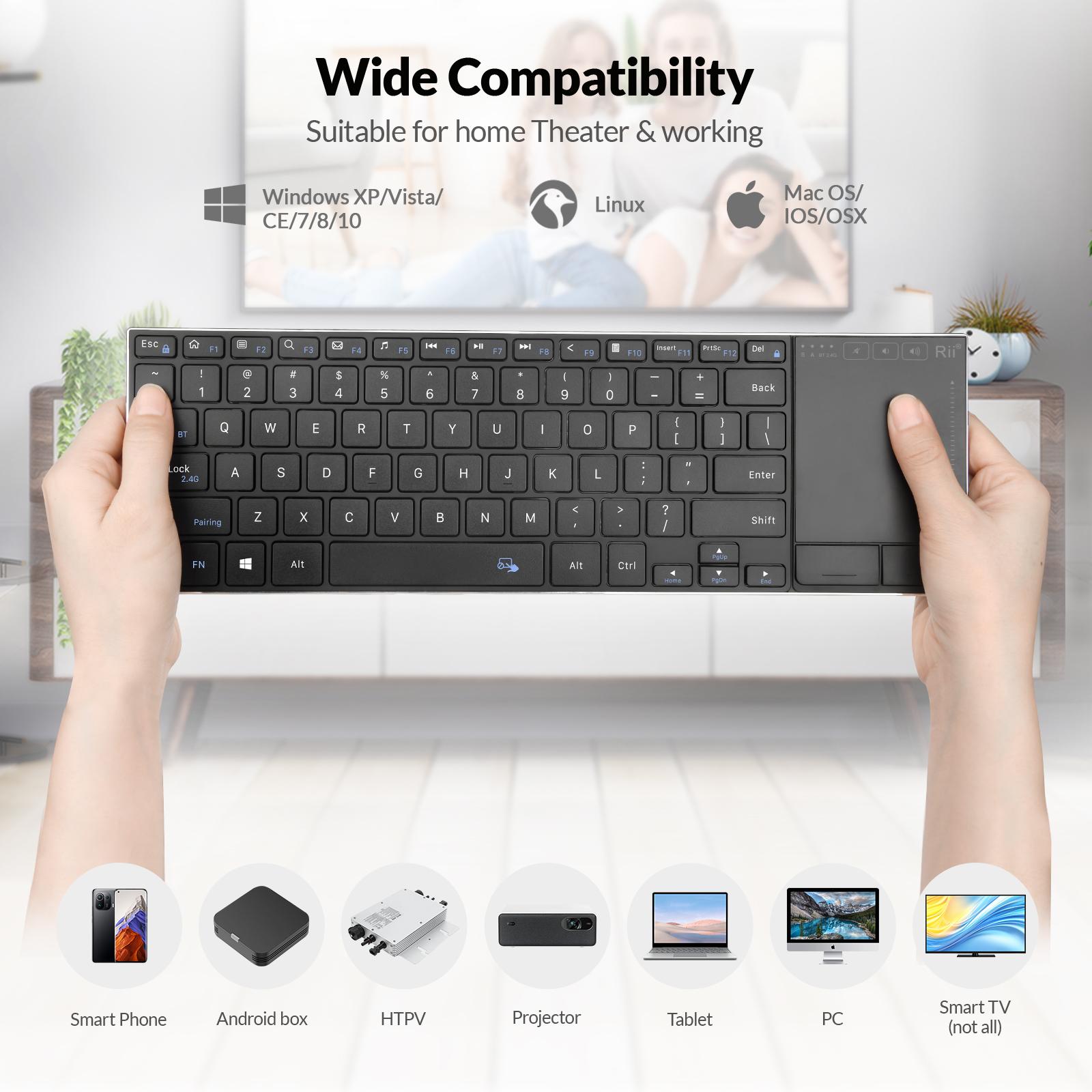 Rii Mini Keyboard Wireless 2.4GHz & Bluetooth with Large Touchpad & Media Keys Stainless Steel K22BT - Image 8