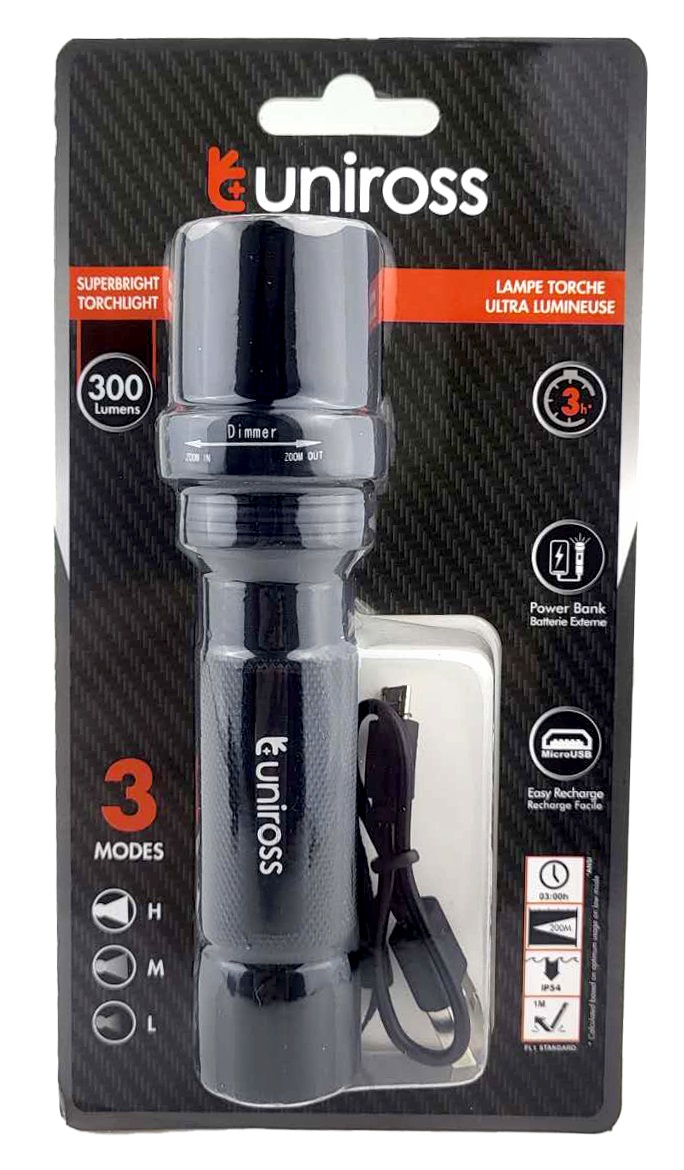 Uniross ULFL014 USB Rechargeable Pocket Flashlight IP54 300 lumens & Powerbank Function
