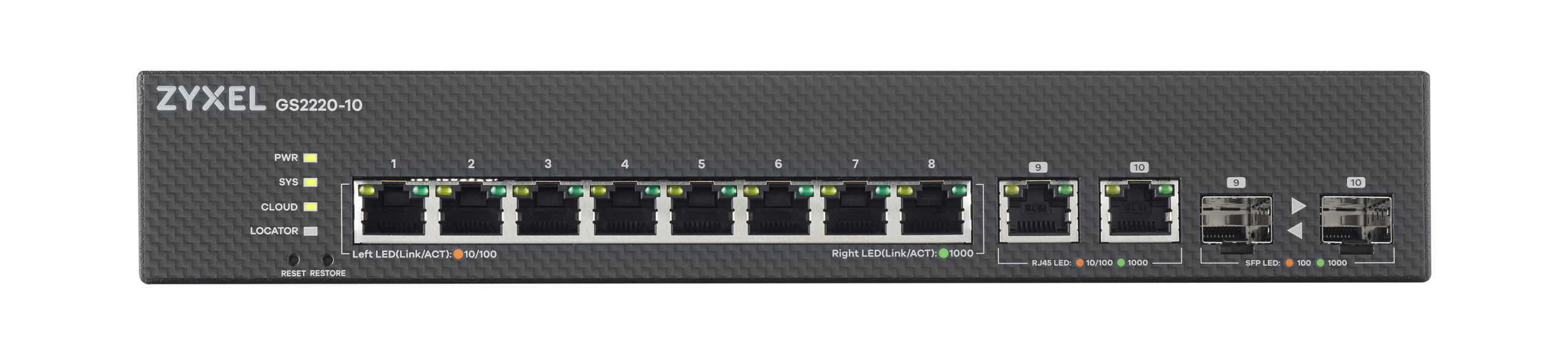 Zyxel Switch Gigabit Ethernet Cloud Managed 8-Port + 2RJ45/SFP Combo GS2220-10