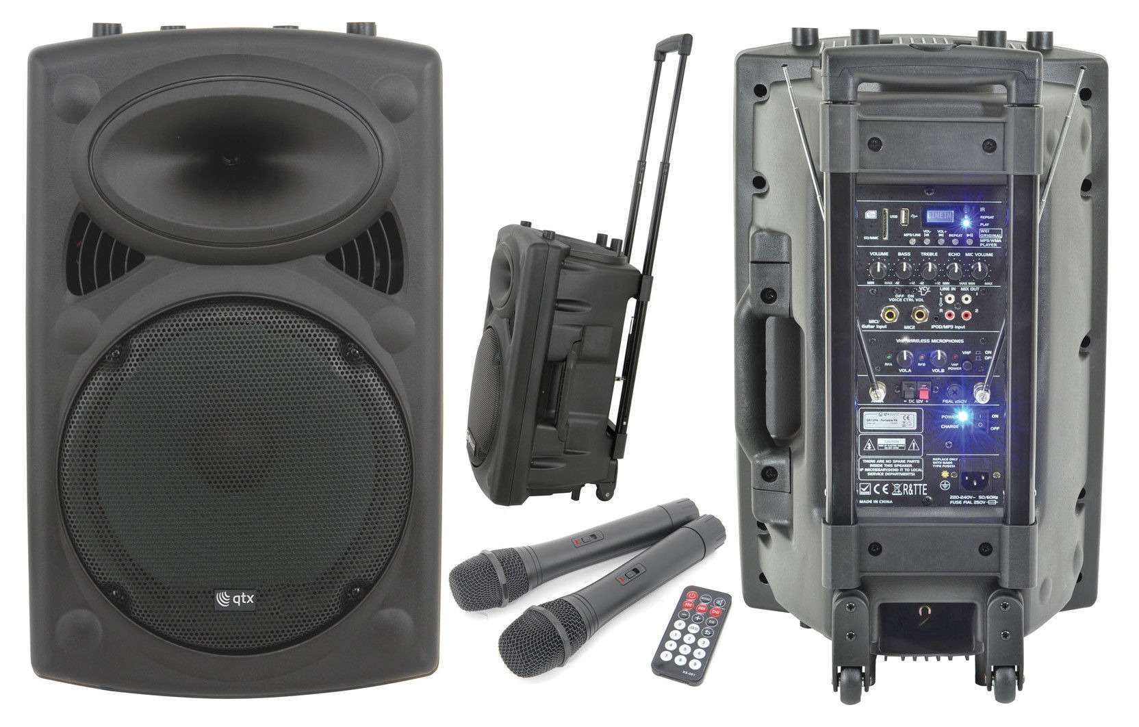 QTX QR12PA 12'' Professional Portable Karaoke & PA Speaker with 2x Wireless Microphones